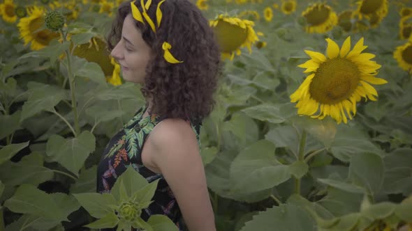 Charming Curly Woman Walking on the Sunflower Field alt