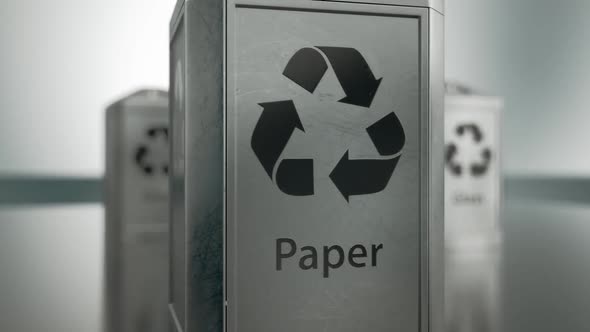 Recycle Bin. Ecological sorting trash containers. Endless rotating animation.