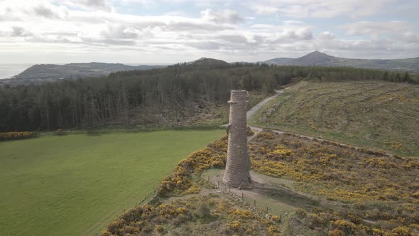 Aerial View Of The Ruin Of The Flue Chimney At Ballycorus, Dublin, Ireland - drone shot alt