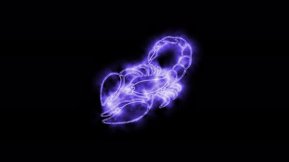 The Scorpio zodiac symbol animation, horoscope sign lighting effect purple neon glow