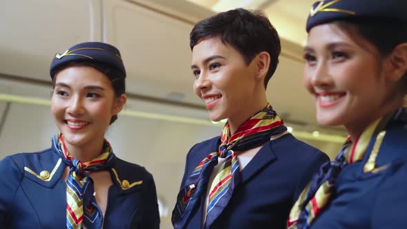 Group of Cabin Crew or Air Hostess in Airplane, Stock Footage | VideoHive