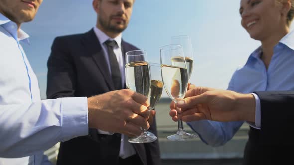 Glad Company Employees Clinking Glasses, Business Event Celebration Office Party