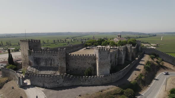 Perfectly intact parapets of ancient Montemor-o-Velho castle; aerial