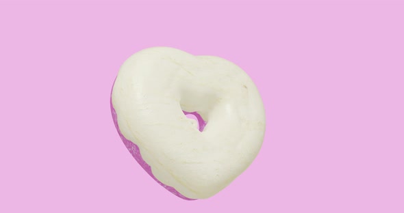 Minimal motion design. 3d creative white glazed heart donuts in pink abstract space.