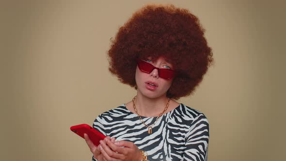 Sad Young Woman Use Smartphone Loses Becoming Surprised Sudden Lottery Results Bad Fortune Loss alt