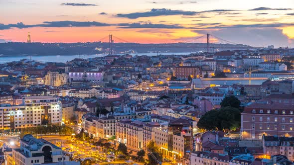 Lisbon After Sunset Aerial Panorama View of City Centre with Red Roofs at Autumn Day to Night alt