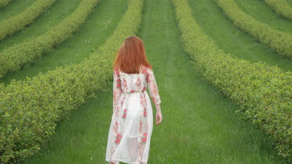 Happy woman walking in the green field
