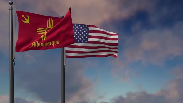 Albuquerque City Flag Waving Along With The National Flag Of The USA - 2K alt