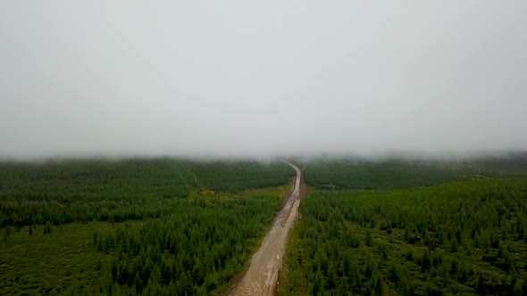 Bam road to Magadan in Siberia. Baikal-Amur Mainline. Russia. Aerial Dron Shot.	 alt