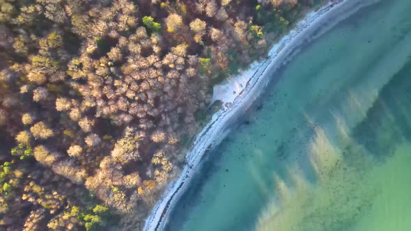 Aerial view of Høve Skov, Odsherred with the beautiful coastline of Sejerøbugten, Zealand, Denmark alt