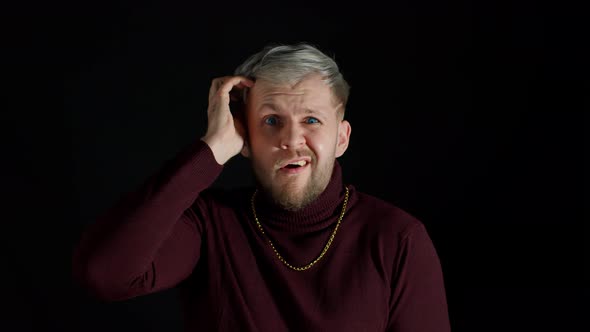 Frustrated Confused Young Man Scratching Head Contemplating How to Solve Problem Having Doubts alt