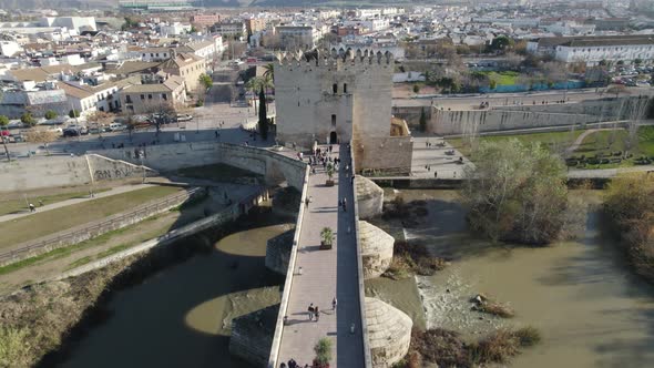 The Torre De Calahorra medieval gate-tower and town museum; aerial pullback