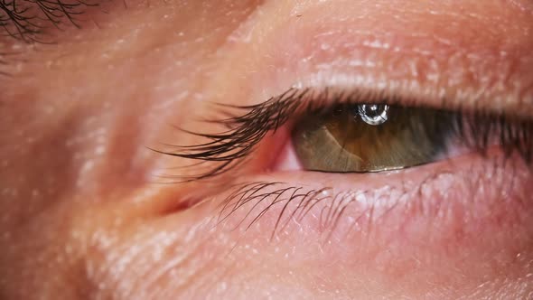 Male Eye Looking at a Bright Light and Squinting. Extreme Close-up. Slow Motion alt