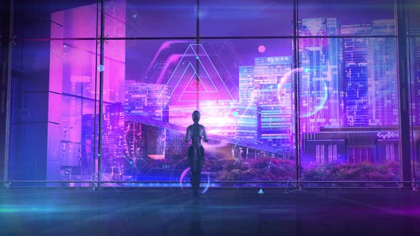 The Robot Works With The Data Hologram 4K