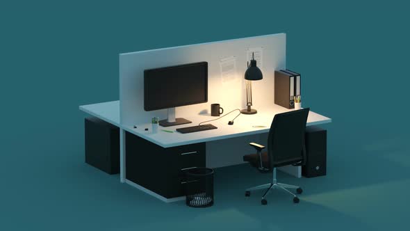 Transformation of two office desks during a day. Business, workplace background alt