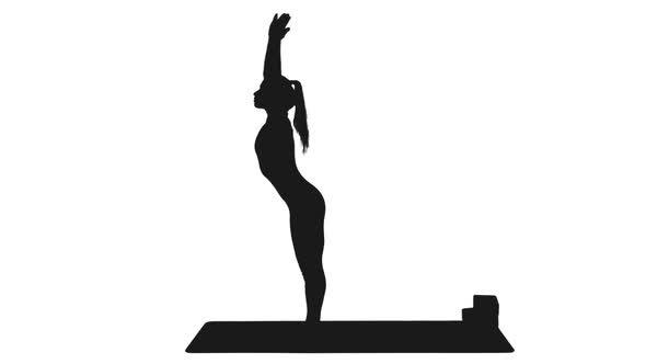 Black and White Silhouette of Sporty Girl Standing in Yoga Posture, Alpha Channel