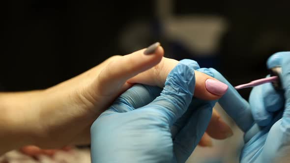 Manicurist in Blue Gloves Paints Nails. Applies Gel Polish To the Nail Plate