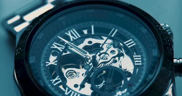 Transparent clock with moving pointer. antique clock face alt