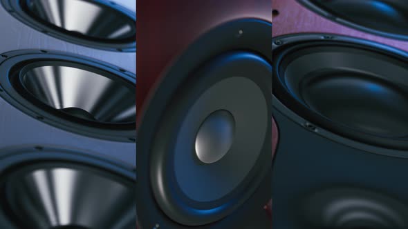 Playing Speaker Membranes. Closeup At Moving Sub-Woofer On Studio Speaker alt