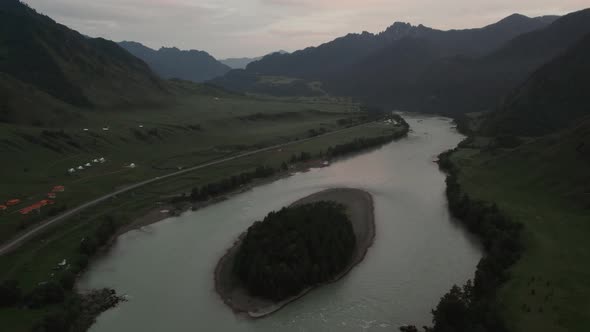 Katun river and mountains of Altai valley at sunset time