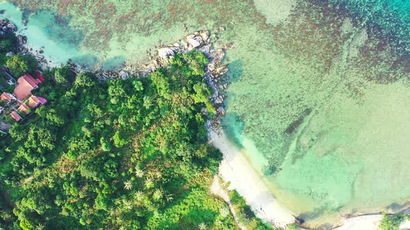 tropical sea shore background. Palm trees white sand, bungalows and sandy beach with some rocks surr alt