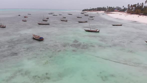 Lot Fishing Boats Stuck in Sand Off Coast at Low Tide Zanzibar Aerial View alt