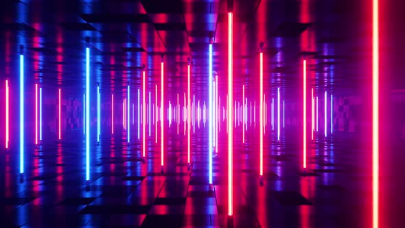 Flying between red and blue fluorescent lights. Infinitely looped animation. alt