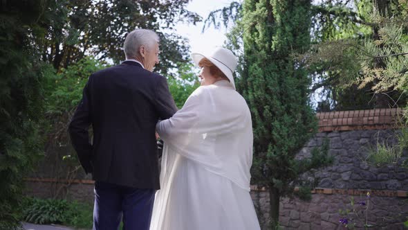 Back View Excited Senior Couple in Wedding Dress and Suit Standing Arm in Arm Outdoors Smiling alt