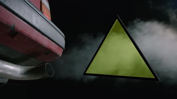 Car Vehicle exhaust blows pollutants into the environment. Text placeholder warning sign symbol on b alt