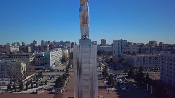 Amazing Aerial Shot of Famous Monument of Glory in Samara City Camera is Rising Up Slowly