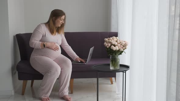 Pregnant Woman on Maternity Leave Freelancer Working By Laptop on the Sofa at Home Bouquet of Rose