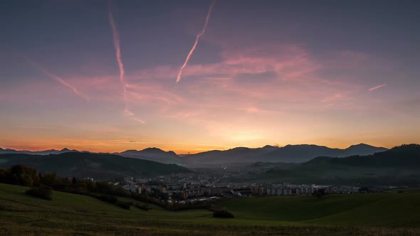 Sunset Evening over Small Town with Night Traffic  Nature Landscape alt