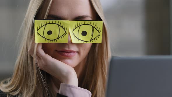 Closeup Sleeping Girl Funny Lazy Caucasian Business Woman Tired Sleepy Female Worker with Sticky alt