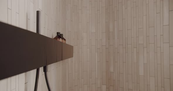 Bathroom Minimalist Interior in White Colors Faucet and Shower Gel Accessories alt