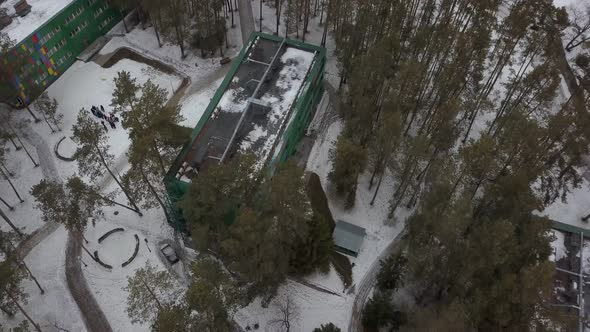 Area of Resort Hotel in Forest in Winter, Aerial Shooting