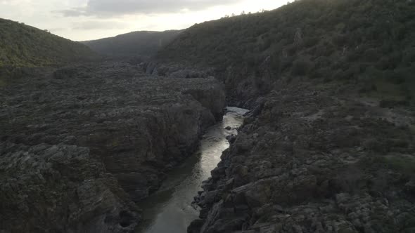Pulo do Lobo waterfall drone aerial view in Alentejo, Portugal alt