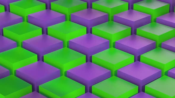 Isometric Purple Green Cubes Pattern Moving Diagonally. Seamlessly Loopable Animation