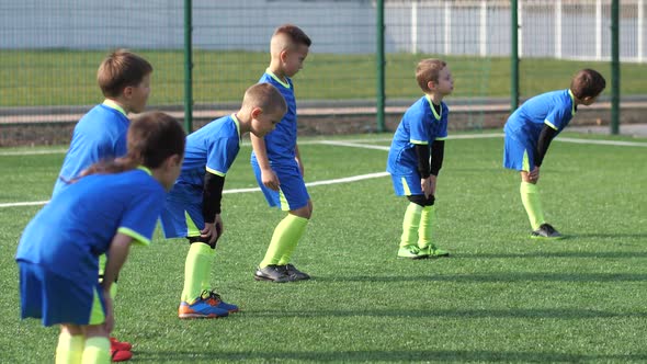 Children Soccer Team Warming Up on Football Field alt