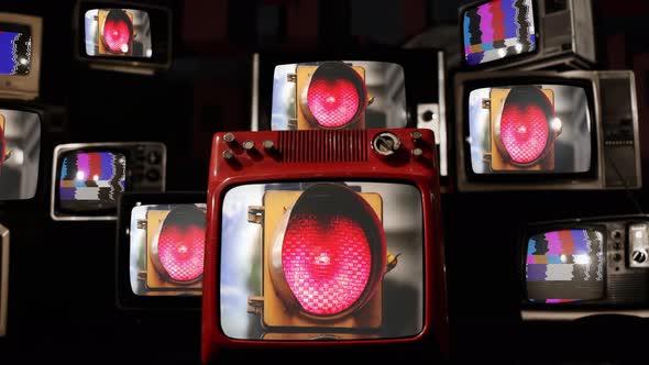 Red Traffic Light and Vintage Televisions. 4K.