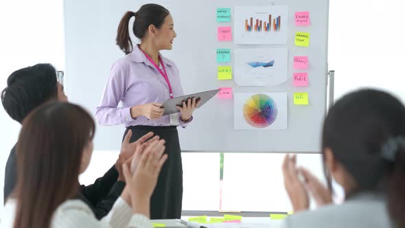 Businesswoman Proficiently Present Work Project Receive Celebrations From Team alt