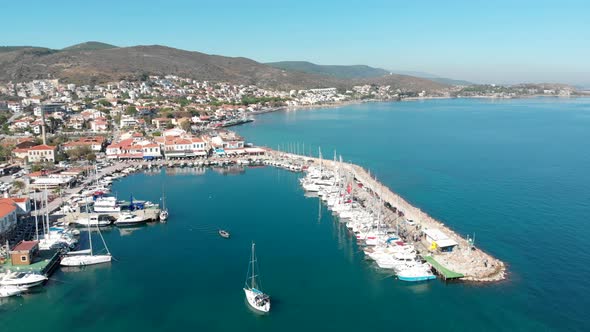 Various drone shots in beautiful Urla, Izmir - the third largest city in Turkey. Blue waters of the alt