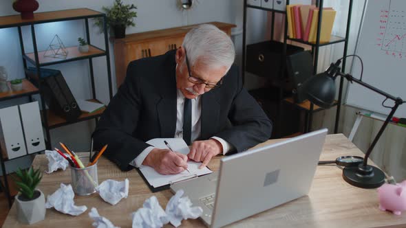 Tired Senior Business Man Use Laptop Having Nervous Breakdown at Work Migaine Headache Problems alt