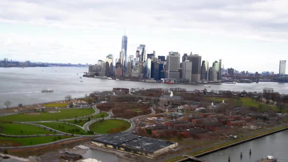 Aerial View of Downtown Manhattan From Helicopter New York City Slow Motion alt