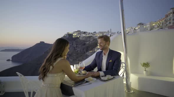 Romantic Dinner Couple Terrace Restaurant Santorini Greece