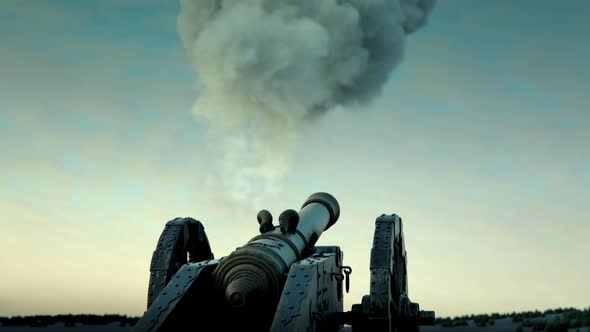 Old-fashioned heavy cannon on wheels firing a bronze ball on a night field. alt