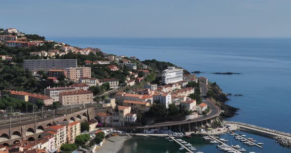 Overview of the town Cerbere, Pyrenees orientales in France. alt