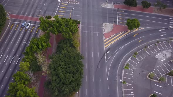 Aerial view over empty street intersection during Covid lockdown