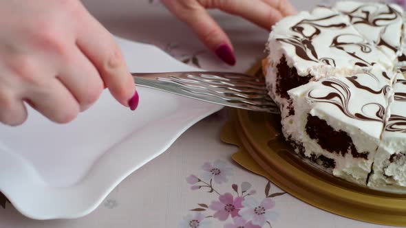 Female Hand Puts a Piece of Cake on a Plate