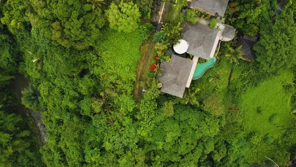 Beautiful cinematic Ubud, Bali drone footage with exotic rice terrace, small farms, campuhan ridge w alt