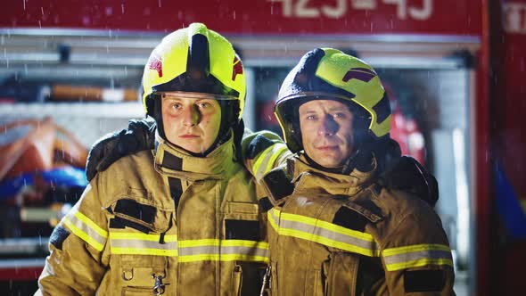 Two Firefighters Standing in Fromnt of the Firetruck on the Rain alt